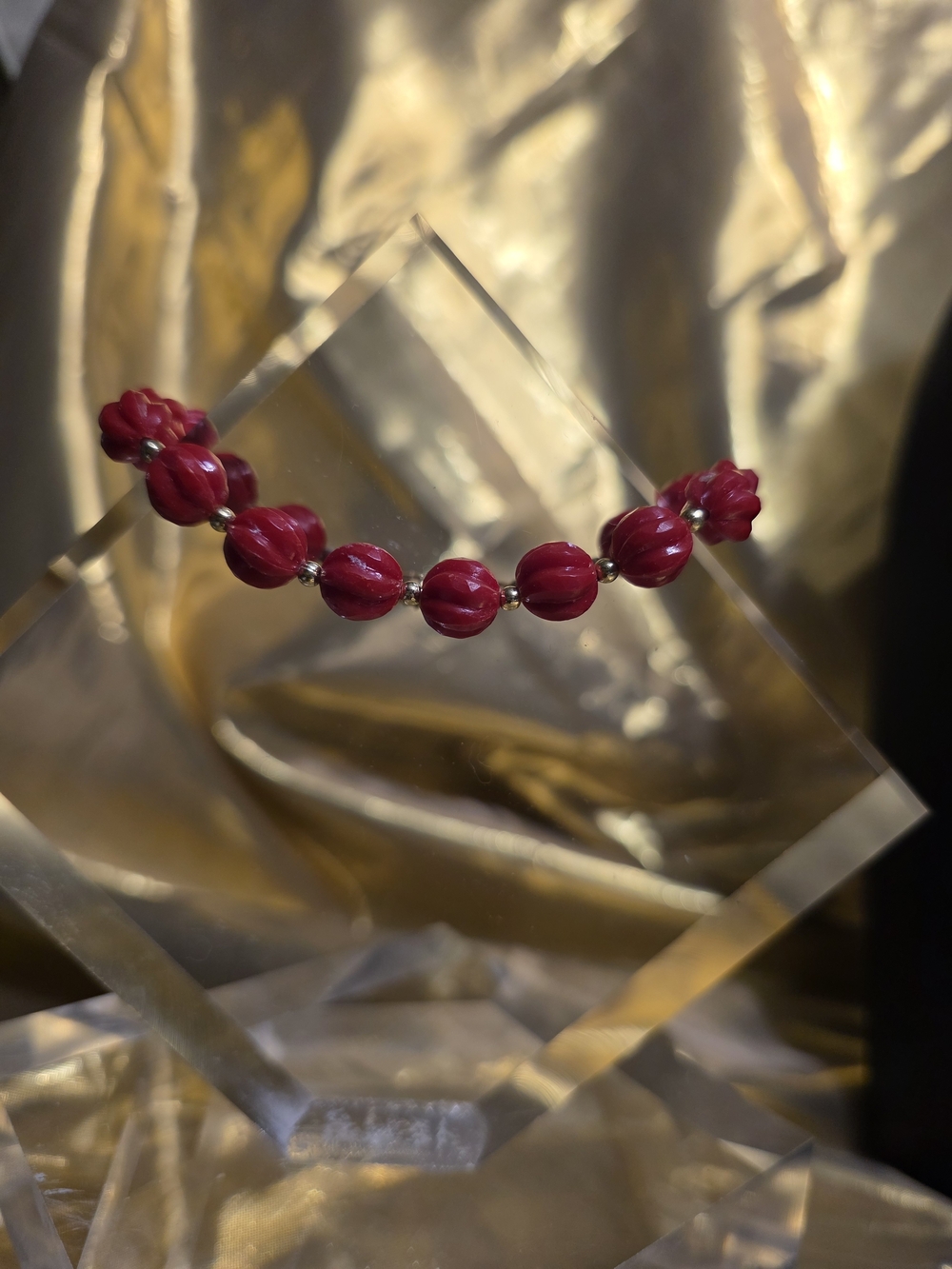 #930 Red Beaded Bracelet with Gold Accents - Women Jewelry - Picture 3 of 4